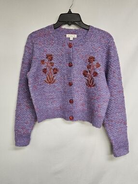 J Crew Purple Sequin Crop Cardigan Boucle Red Embroidered Flowers Size Small